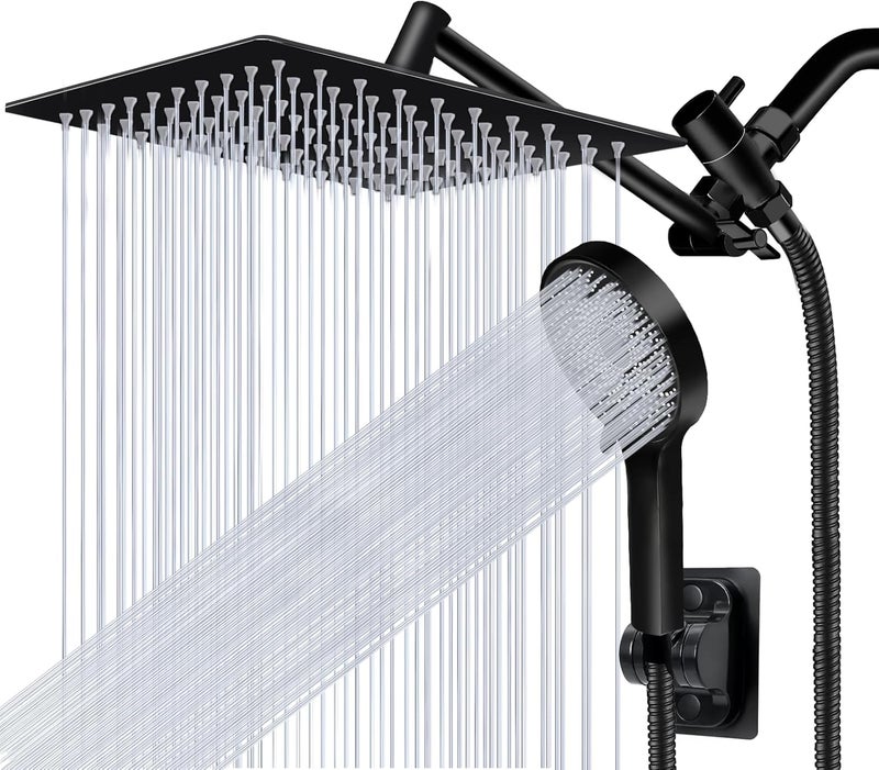 Yurnomy Shower Head,10”Rain Shower Head with Handheld Spray Combo with 11'' Angle Adjustable Extension Arm/Flow Regulator/Shower System,High Pressure Rainfall Shower Head Clean Bathroom,Matt Black - Image 1